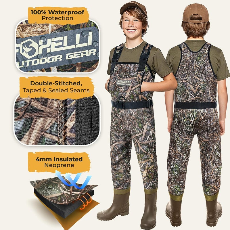 Foxelli Kids Chest Waders – 4mm Neoprene Waterproof Youth Waders with Boots for Duck Hunting and Fishing - Image 3